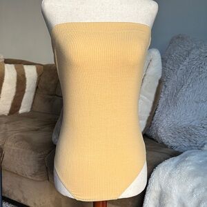 Double Zero Ribbed Strapless Bodysuit in Mustard Yellow